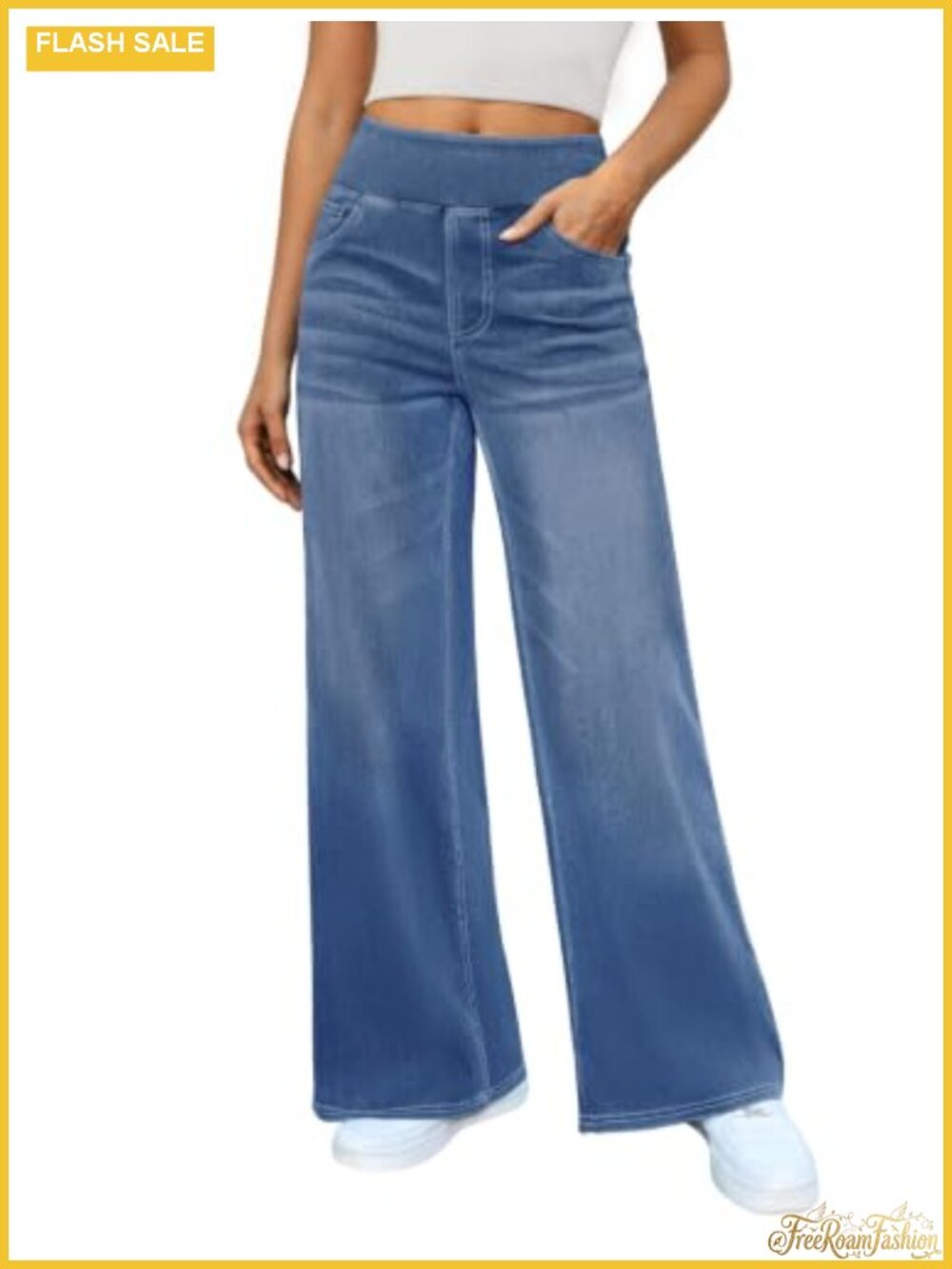 Women's Stretchy Wide Leg Jeans High Waisted Elastic Waist Pull On Denim Pants